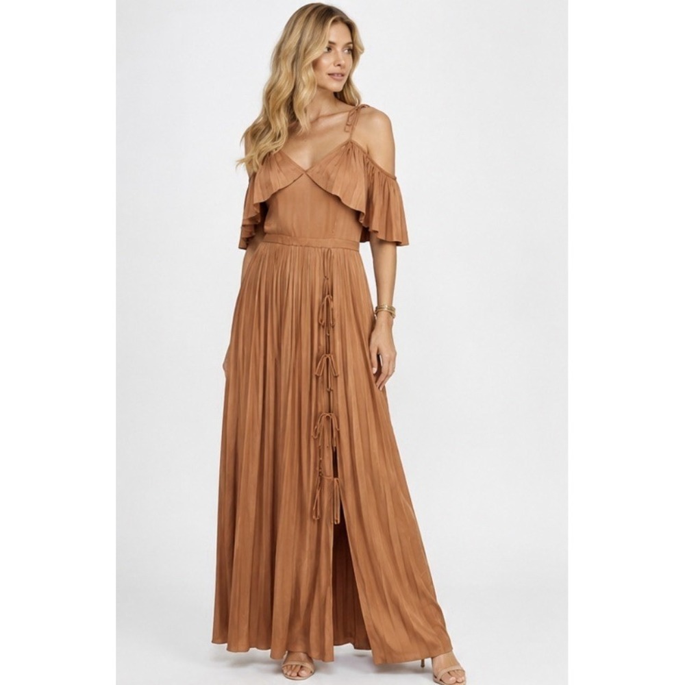 Banana Republic Olivia Palermo Pleated Maxi Dress Cold Shoulder Tie Slit Sz 4